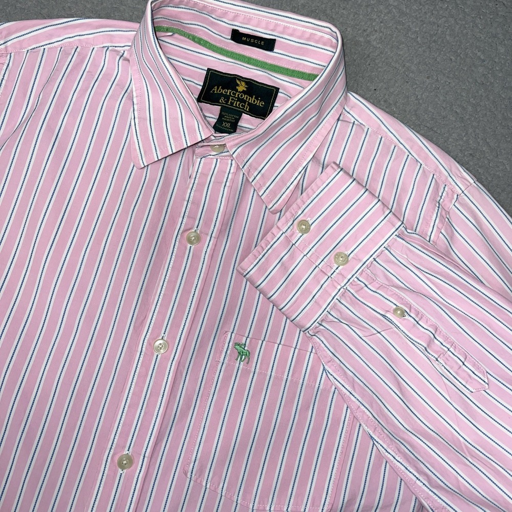 VTG Abercrombie Fitch Shirt Men's 2XL XXL Pink Striped Muscle Fit Button Up Y2K